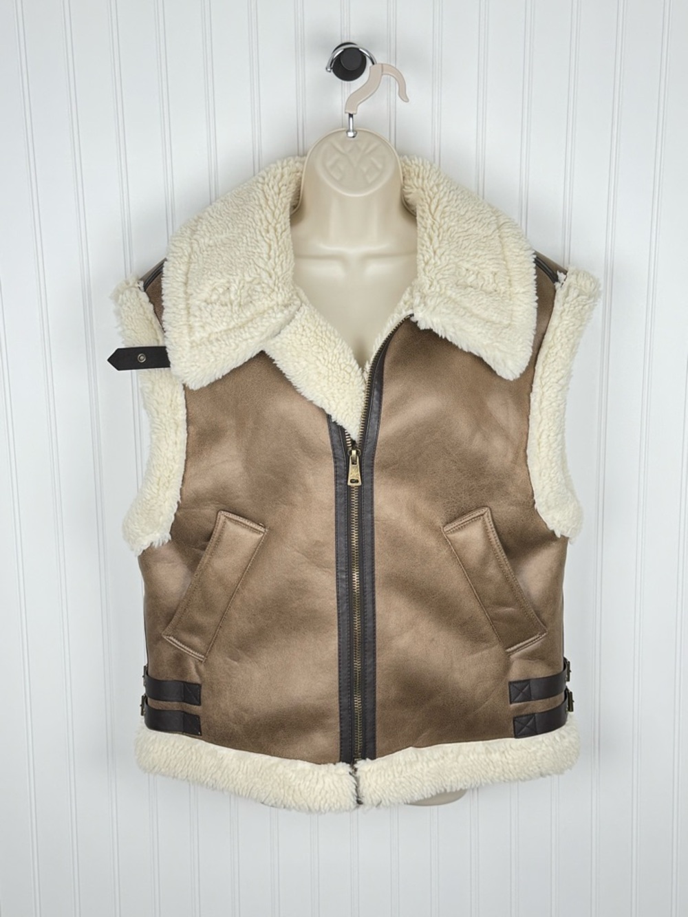 Young Pepe Faux Shearling Moto Vest - Brown Sherpa Lined Oversized Zip Front